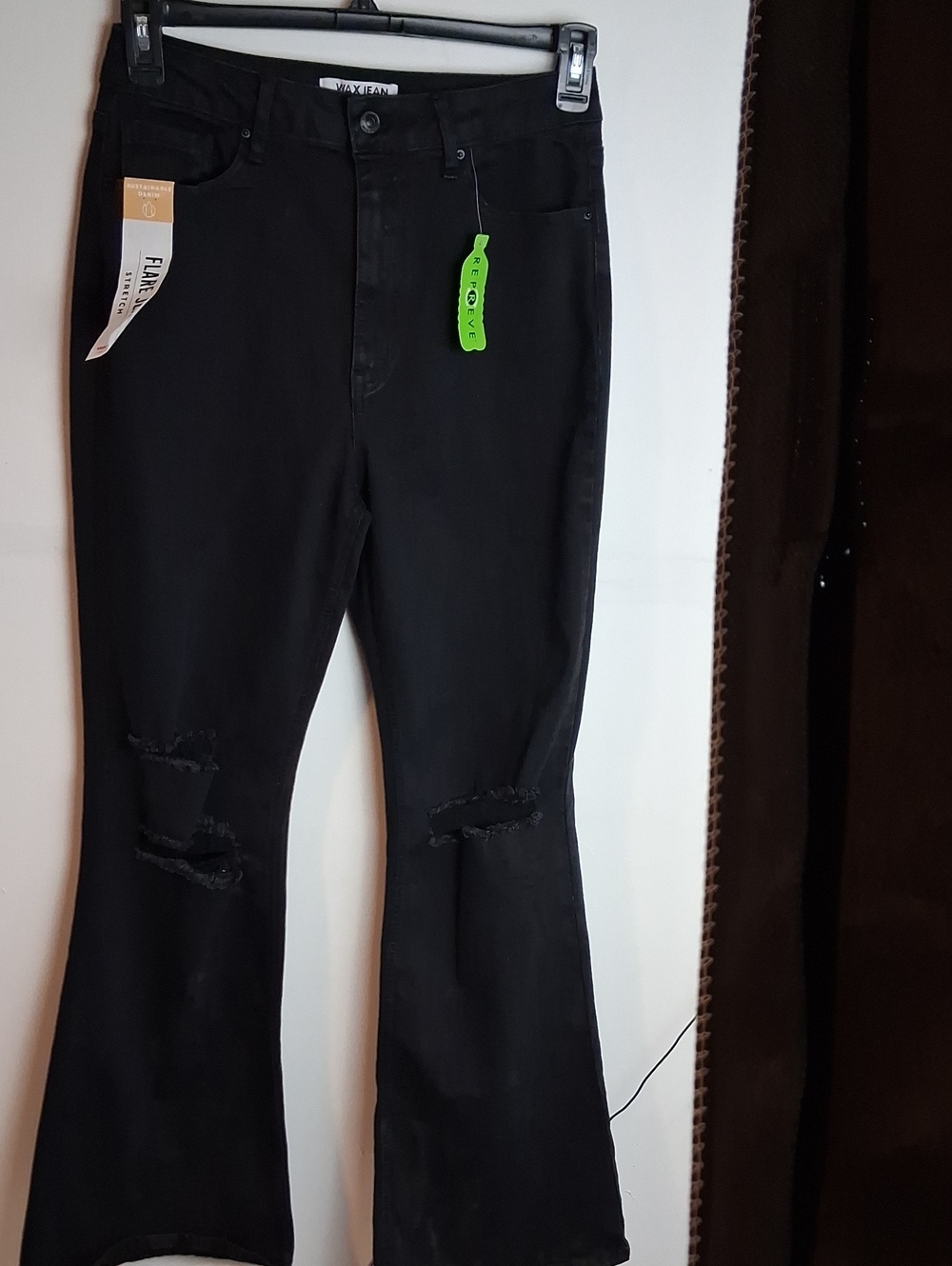 Wax Jean Black Flare Jeans with Distressed Knees
